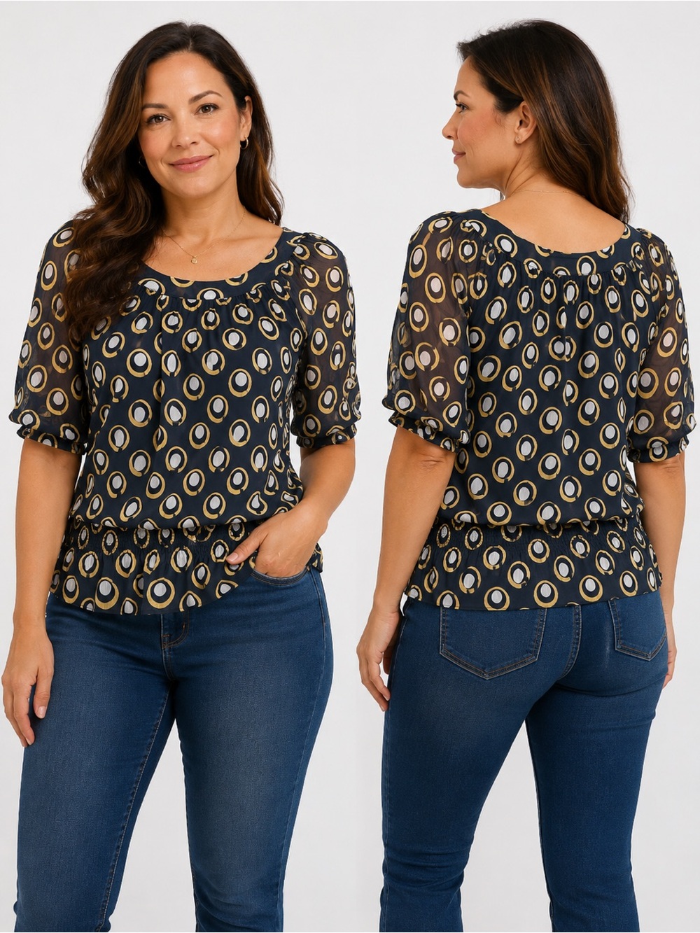 Jessica Size 12 Navy Geometric Print Sheer Sleeve Blouse